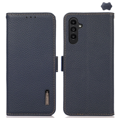 Samsung Galaxy A16 5G KHAZNEH Side-Magnetic Litchi Genuine Leather RFID Phone Case - Blue