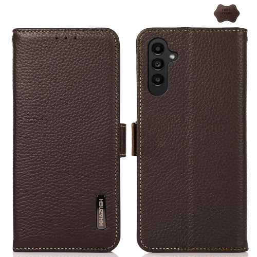 Samsung Galaxy A16 5G KHAZNEH Side-Magnetic Litchi Genuine Leather RFID Phone Case - Brown