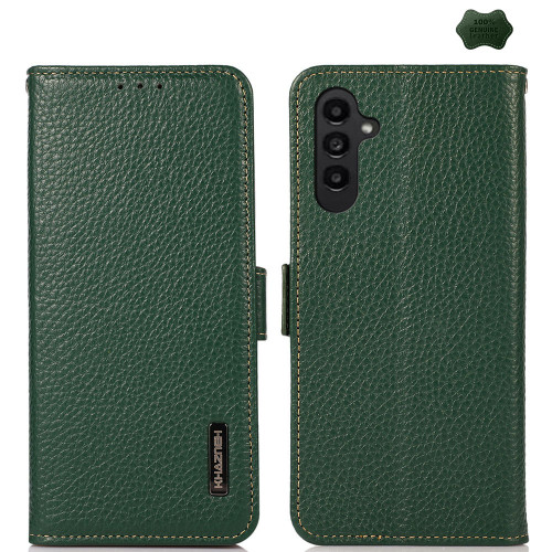 Samsung Galaxy A16 5G KHAZNEH Side-Magnetic Litchi Genuine Leather RFID Phone Case - Green