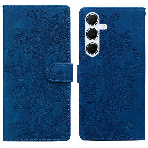 Samsung Galaxy A16 5G Lace Floral Embossed Magnetic Buckle PU Phone Case With Wrist Strap - Blue