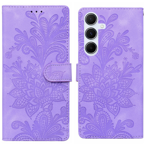 Samsung Galaxy A16 5G Lace Floral Embossed Magnetic Buckle PU Phone Case With Wrist Strap - Purple