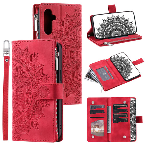 Samsung Galaxy A16 5G Multi-Card Totem Zipper Leather Phone Case - Red