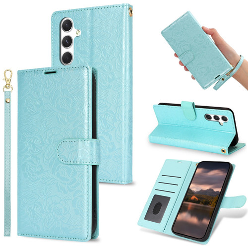 Samsung Galaxy A16 5G Peony Flowers Imprint Leather Phone Case - Sky Blue