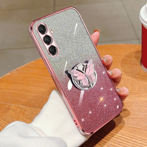 Samsung Galaxy A16 5G Plated Gradient Glitter Butterfly Holder TPU Phone Case - Pink