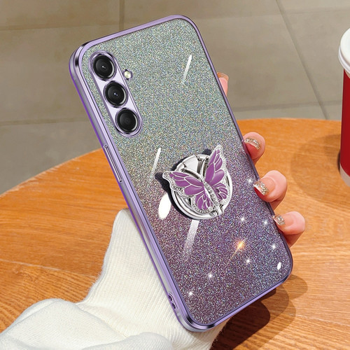 Samsung Galaxy A16 5G Plated Gradient Glitter Butterfly Holder TPU Phone Case - Purple