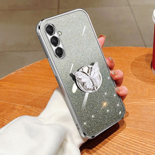 Samsung Galaxy A16 5G Plated Gradient Glitter Butterfly Holder TPU Phone Case - Silver