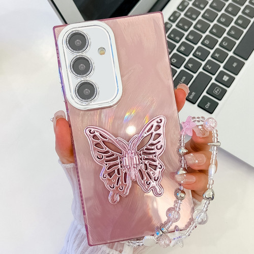 Samsung Galaxy A16 5G Plating Glitter Lens Film Texture Butterfly Holder Wristband Phone Case - Pink Feather Yarn