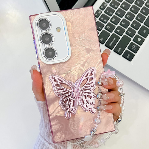 Samsung Galaxy A16 5G Plating Glitter Lens Film Texture Butterfly Holder Wristband Phone Case - Pink Feathers