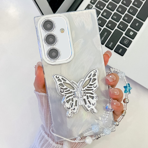 Samsung Galaxy A16 5G Plating Glitter Lens Film Texture Butterfly Holder Wristband Phone Case - White Feather Yarn