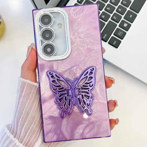 Samsung Galaxy A16 5G Plating Glitter Texture Butterfly Holder TPU Phone Case with Lens Film - Purple Feathers