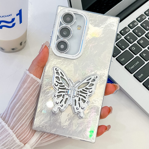 Samsung Galaxy A16 5G Plating Glitter Texture Butterfly Holder TPU Phone Case with Lens Film - White Tinfoil Texture