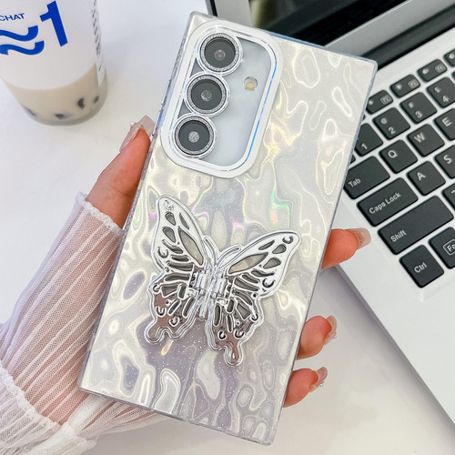 Samsung Galaxy A16 5G Plating Glitter Texture Butterfly Holder TPU Phone Case with Lens Film - White Wrinkles