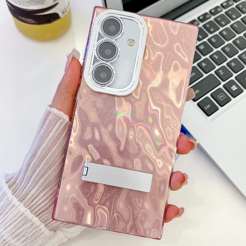 Samsung Galaxy A16 5G Plating Glitter Texture Fold Holder TPU Phone Case with Lens Film - Pink Wrinkles