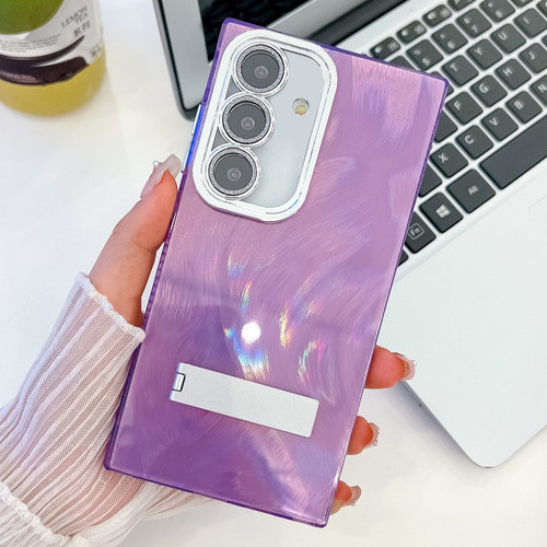 Samsung Galaxy A16 5G Plating Glitter Texture Fold Holder TPU Phone Case with Lens Film - Purple Feather Yarn