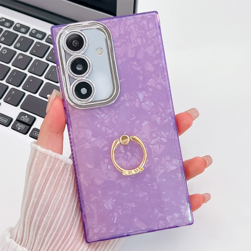 Samsung Galaxy A16 5G Plating Glitter Texture Ring Holder TPU Phone Case with Lens Film - Purple Shell Pattern