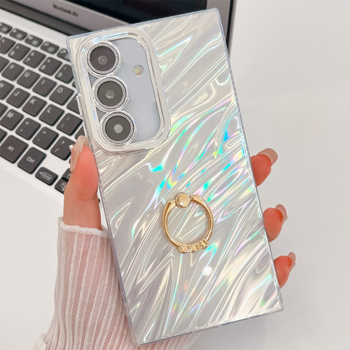 Samsung Galaxy A16 5G Plating Glitter Texture Ring Holder TPU Phone Case with Lens Film - White Water Ripples