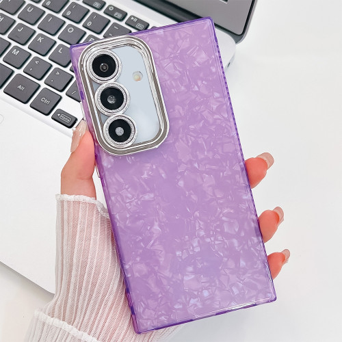 Samsung Galaxy A16 5G Plating Glitter Texture TPU Phone Case with Lens Film - Purple Shell Pattern Samsung Galaxy A16 5G Plating Glitter Texture TPU Phone Case with Lens Film - Purple Shell Pattern