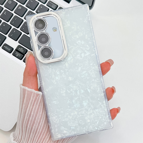 Samsung Galaxy A16 5G Plating Glitter Texture TPU Phone Case with Lens Film - White Shell Pattern Samsung Galaxy A16 5G Plating Glitter Texture TPU Phone Case with Lens Film - White Shell Pattern