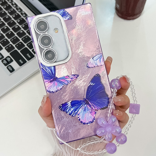 Samsung Galaxy A16 5G Plating Texture Butterfly Wristband TPU Phone Case with Glitter Lens Film - Purple Butterflies HU4