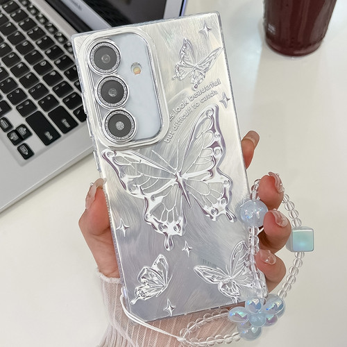 Samsung Galaxy A16 5G Plating Texture Butterfly Wristband TPU Phone Case with Glitter Lens Film - Silver Butterflies HU6