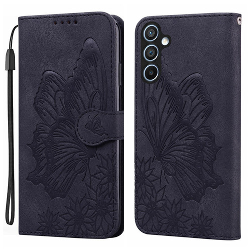 Samsung Galaxy A16 5G Retro Skin Feel Butterflies Embossing Horizontal Flip Leather Phone Case - Black