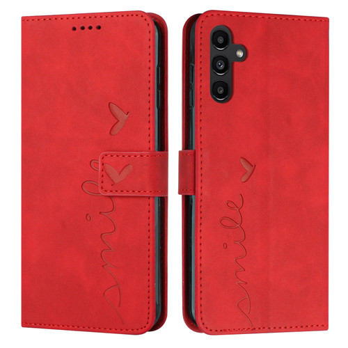 Samsung Galaxy A16 5G Skin Feel Heart Embossed Leather Phone Case with Long Lanyard - Red