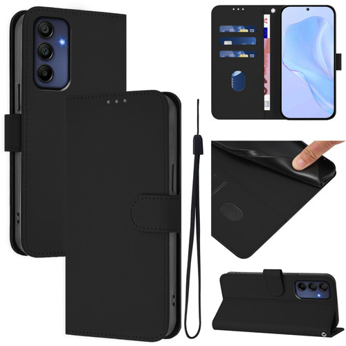 Samsung Galaxy A16 5G Skin Feel Solid Color Leather Phone Case with Lanyard - Black Samsung Galaxy A16 5G Skin Feel Solid Color Leather Phone Case with Lanyard - Black