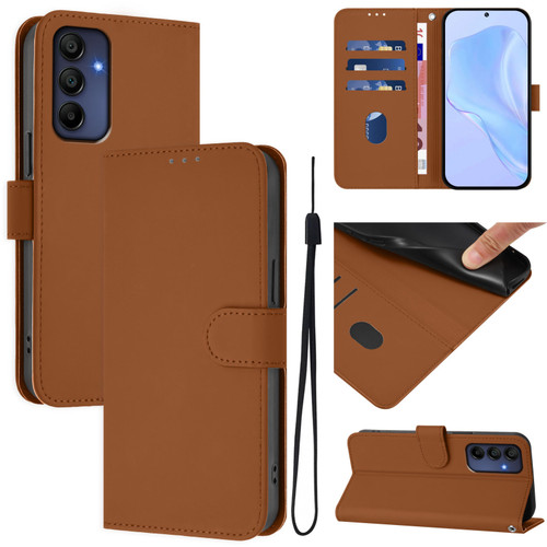 Samsung Galaxy A16 5G Skin Feel Solid Color Leather Phone Case with Lanyard - Brown