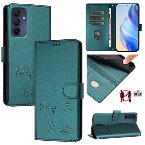 Samsung Galaxy A16 5G Smile Embossing RFID Leather Phone Case - Peacock Green