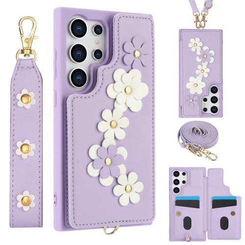 Samsung Galaxy S25 Ultra 5G Crossbody Flower Pattern Leather Phone Case - Purple