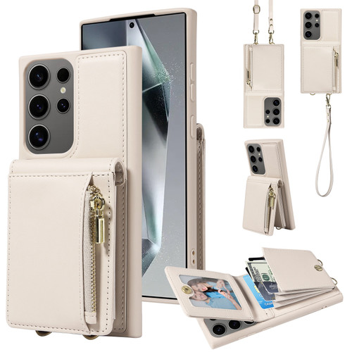 Samsung Galaxy S25 Ultra 5G Crossbody Lanyard Zipper Wallet Leather Phone Case - Beige