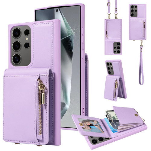 Samsung Galaxy S25 Ultra 5G Crossbody Lanyard Zipper Wallet Leather Phone Case - Purple