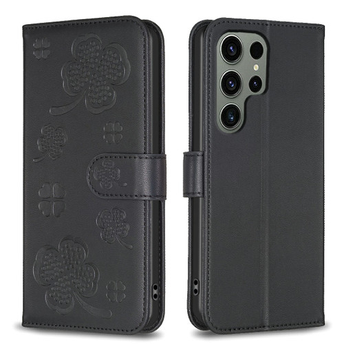 Samsung Galaxy S25 Ultra 5G Four-leaf Embossed Leather Phone Case - Black