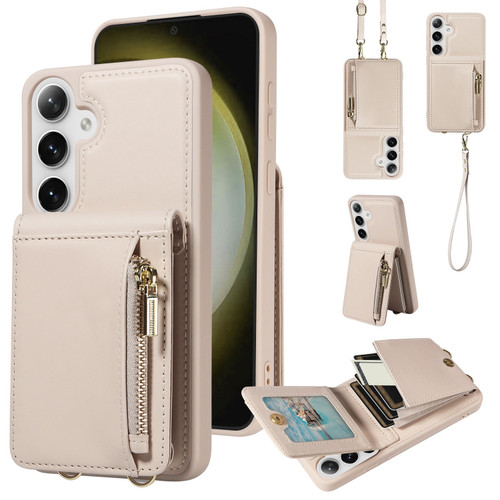 Samsung Galaxy S25+ 5G Crossbody Lanyard Zipper Wallet Leather Phone Case - Beige