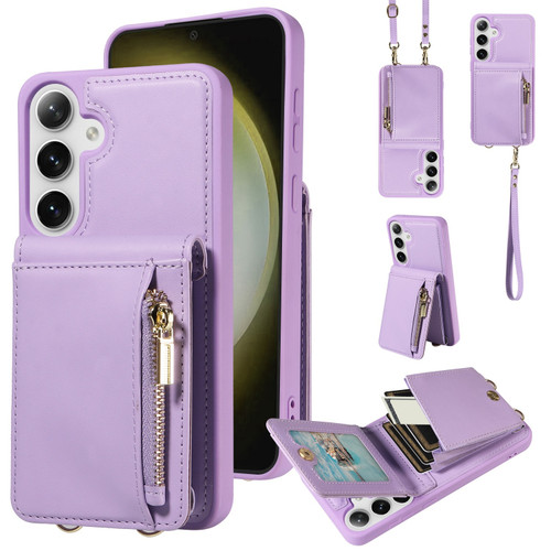 Samsung Galaxy S25+ 5G Crossbody Lanyard Zipper Wallet Leather Phone Case - Purple
