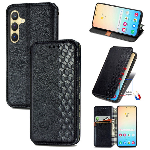 Samsung Galaxy S25+ 5G Cubic Grid Pressed Magnetic Leather Phone Case - Black