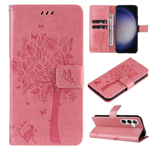 Samsung Galaxy S25+ 5G Tree & Cat Embossed Pattern Flip Leather Phone Case - Pink