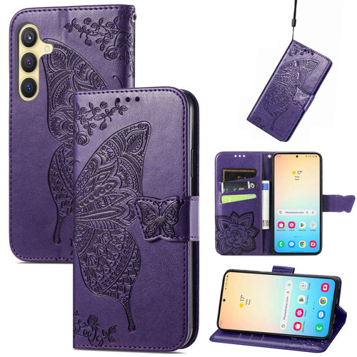 Samsung Galaxy S25 5G Butterfly Love Flower Embossed Leather Phone Case - Dark Purple