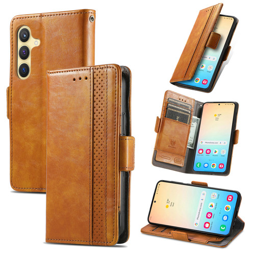 Samsung Galaxy S25 5G CaseNeo Splicing Dual Magnetic Buckle Leather Phone Case - Khaki