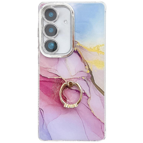 Samsung Galaxy S25 5G Electroplated Marble Texture Ring Holder Phone Case - Gold Pink Red S12