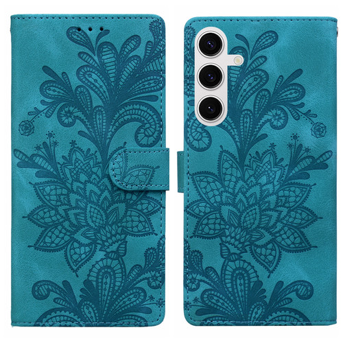 Samsung Galaxy S25 5G Lace Floral Embossed Magnetic Buckle PU Phone Case With Wrist Strap - Green