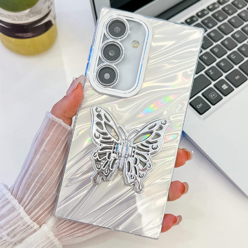 Samsung Galaxy S25 5G Plating Glitter Texture Butterfly Holder TPU Phone Case with Lens Film - White Water Ripples
