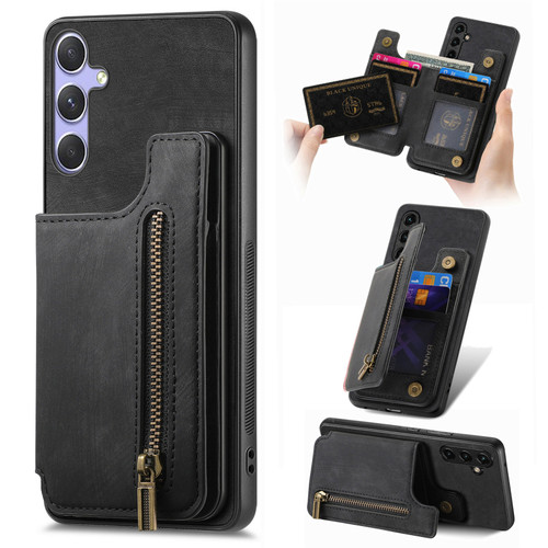 Samsung Galaxy S25 5G Retro Leather Zipper Wallet Back Phone Case - Black