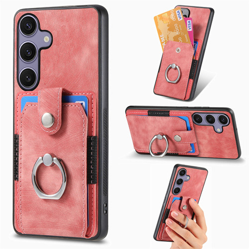 Samsung Galaxy S25 5G Retro Skin-feel Ring Card Wallet Phone Case - Pink