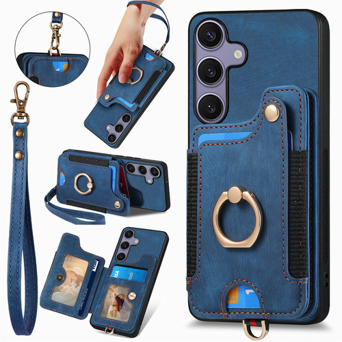 Samsung Galaxy S25 5G Retro Skin-feel Ring Multi-card Wallet Phone Case - Blue