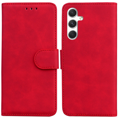 Samsung Galaxy S25 5G Skin Feel Pure Color Flip Leather Phone Case - Red