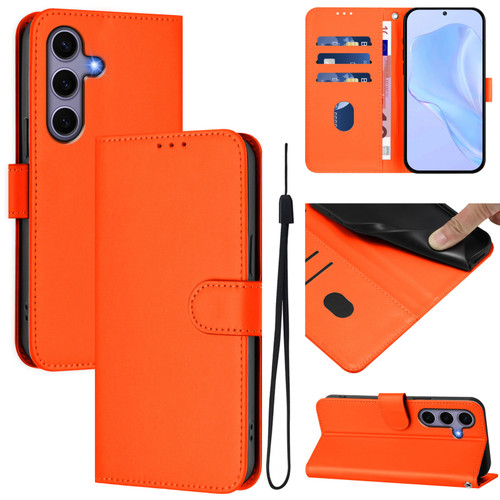Samsung Galaxy S25 5G Skin Feel Solid Color Leather Phone Case with Lanyard - Orange
