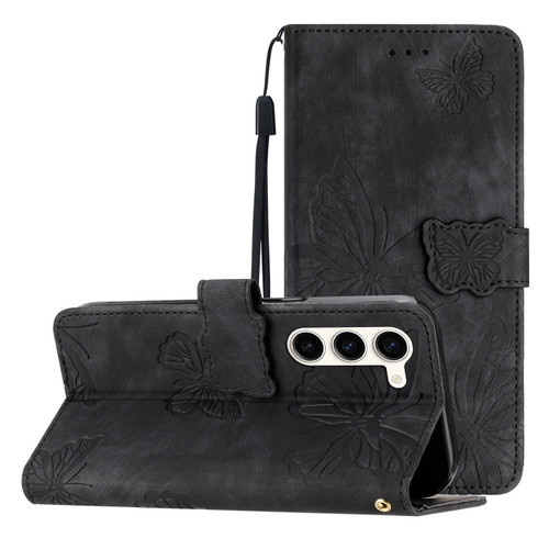 Samsung Galaxy S25 5G Skin-feel Embossed Butterfly Leather Phone Case - Black
