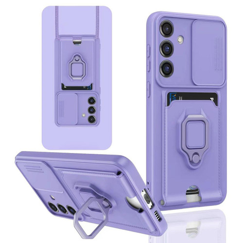 Samsung Galaxy S25 5G Sliding Camshield Magnetic Card Holder Silicone Phone Case - Light Purple