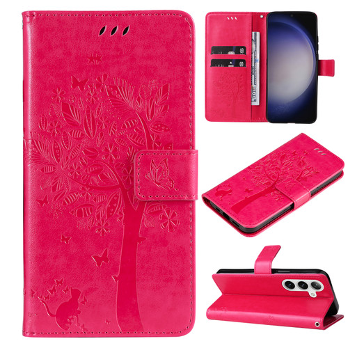 Samsung Galaxy S25 5G Tree & Cat Embossed Pattern Flip Leather Phone Case - Rose Red